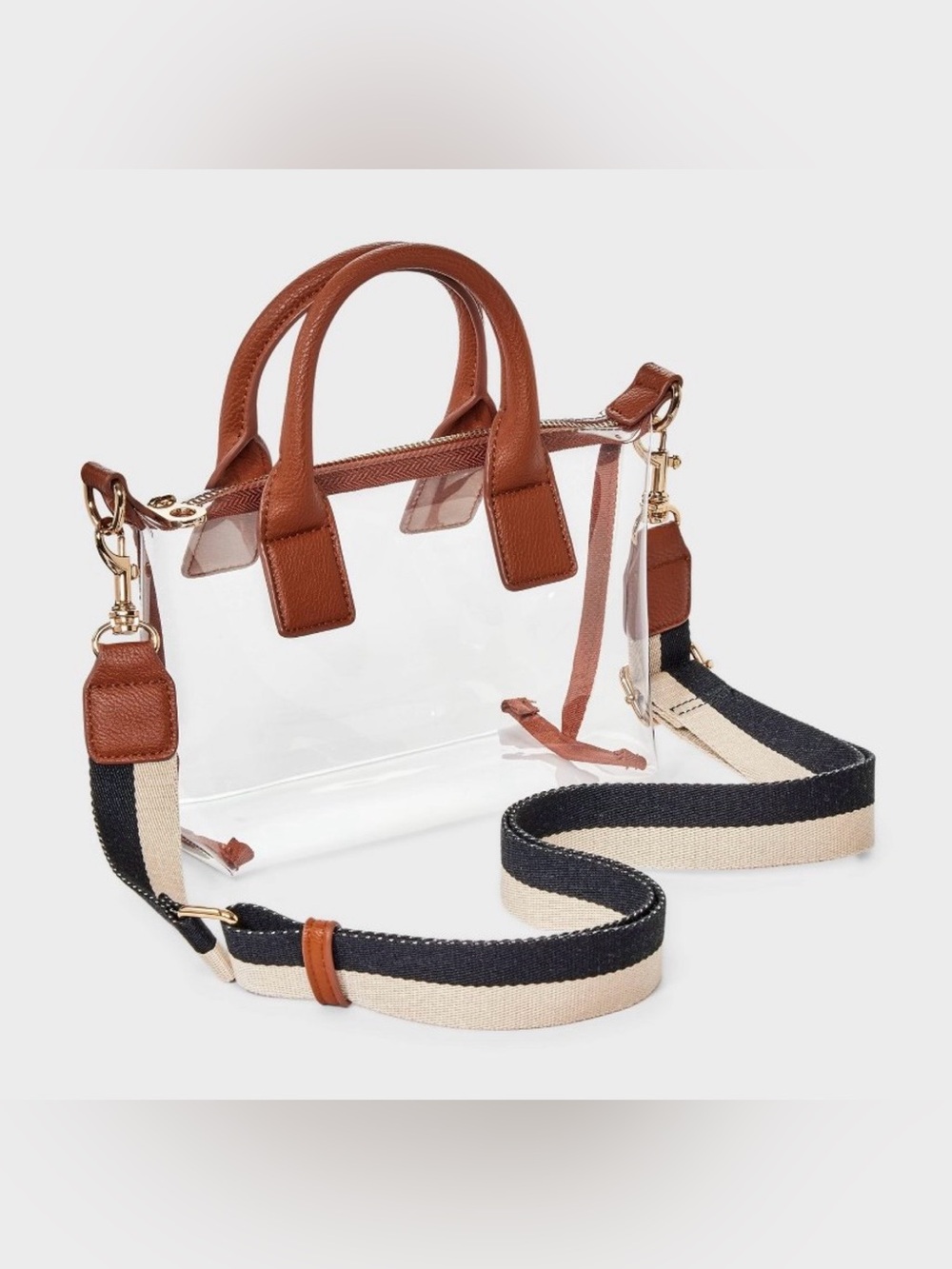 Universal Thread Clear Mini Tote Bag with Brown Leather Trim and Removable Strap
